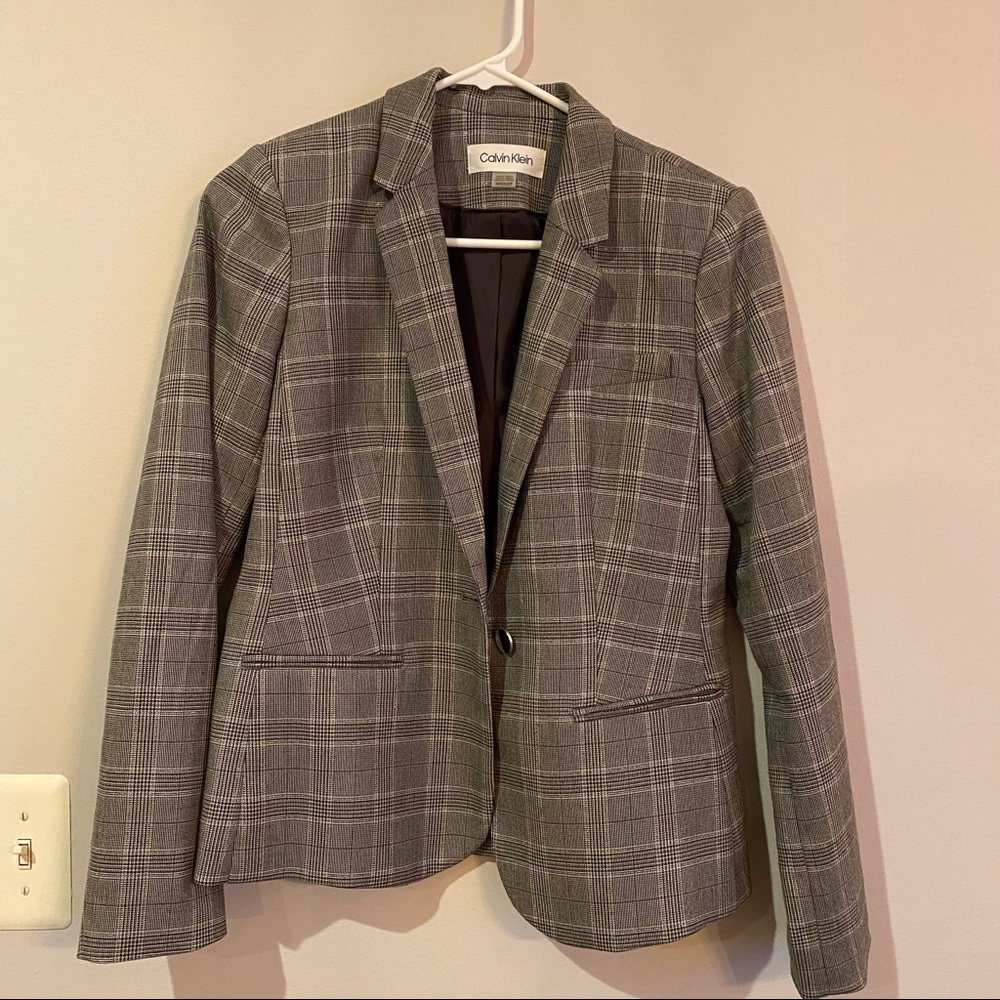CALVIN KLEIN Womens Gray Embellished Plaid Blazer Jacket Petites Size 4P